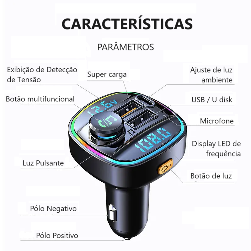 Transmissor FM com Bluetooth 5.0 e USB-C